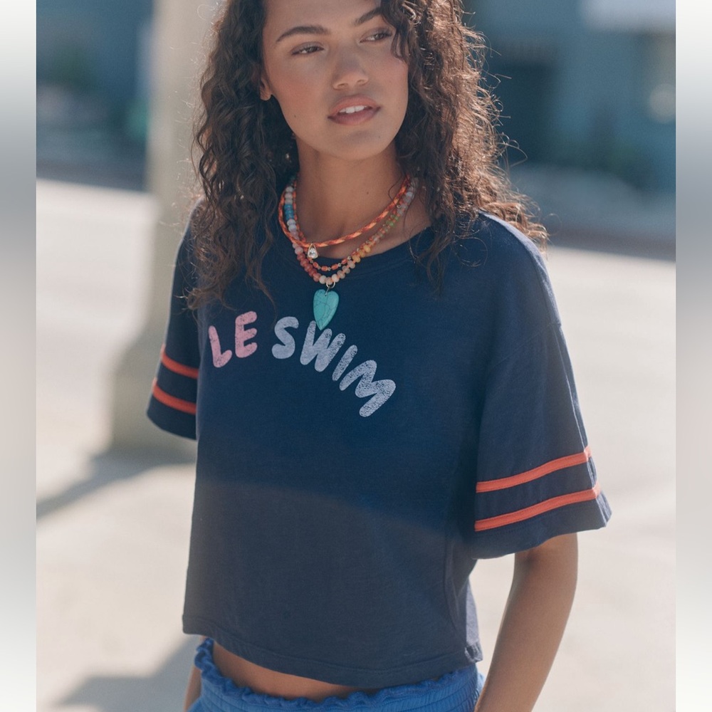 NWT : Sundry Le Swim Short Sleeve Graphic Tee Navy Women Large Anthropologie